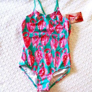 NEW Girls SZ14 One Piece Flamingo Bathing Suit Turquoise